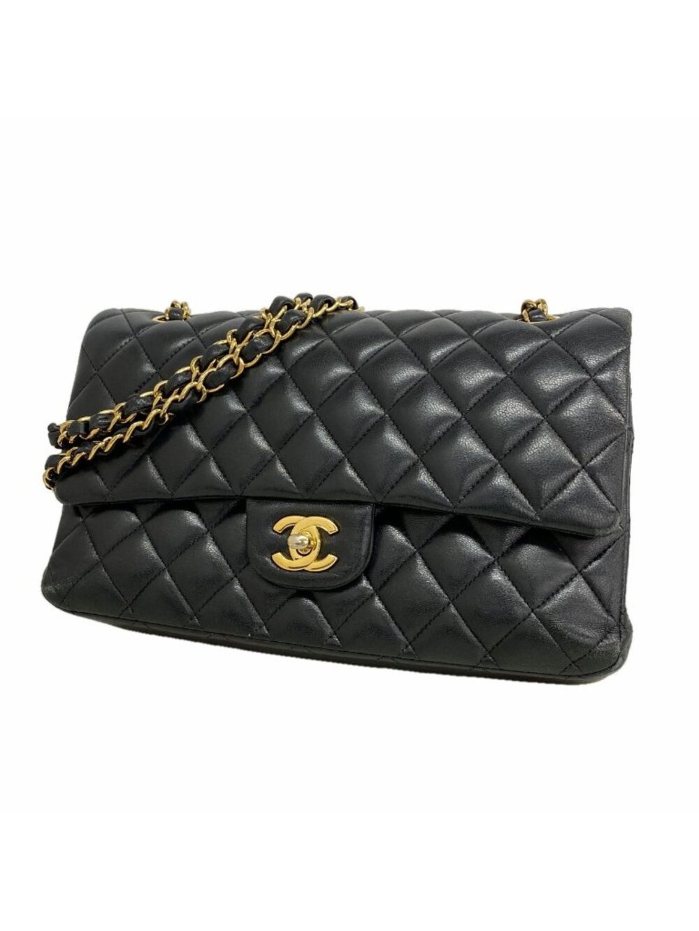 Chanel Shoulder Bag Quilted Lambskin Black Gold